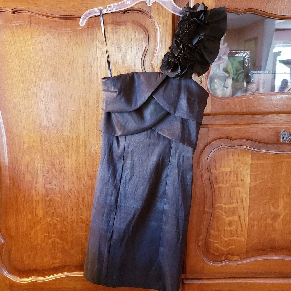 Formal Black Fabric Flowers One Shoulder Dress